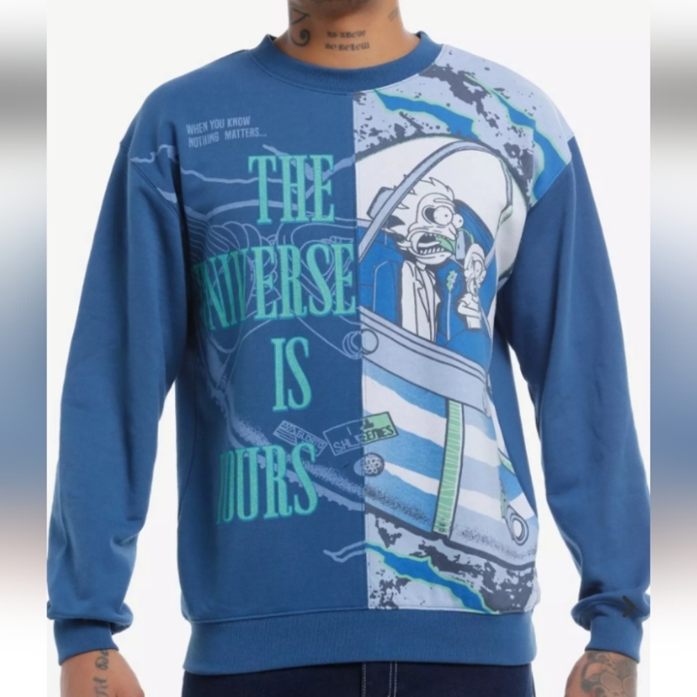 Rick And Morty The Universe Is Yours Blue & Green Sweatshirt. L & XL Sizes. NWT.